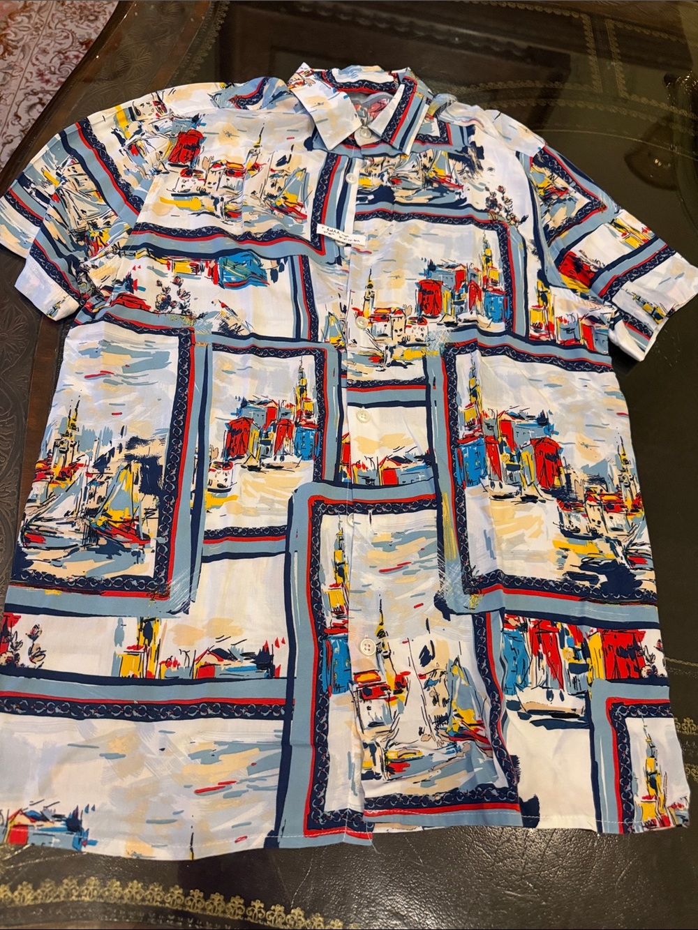 Zara Short-Sleeve Button-Down Shirt - White with Red & Blue Accents